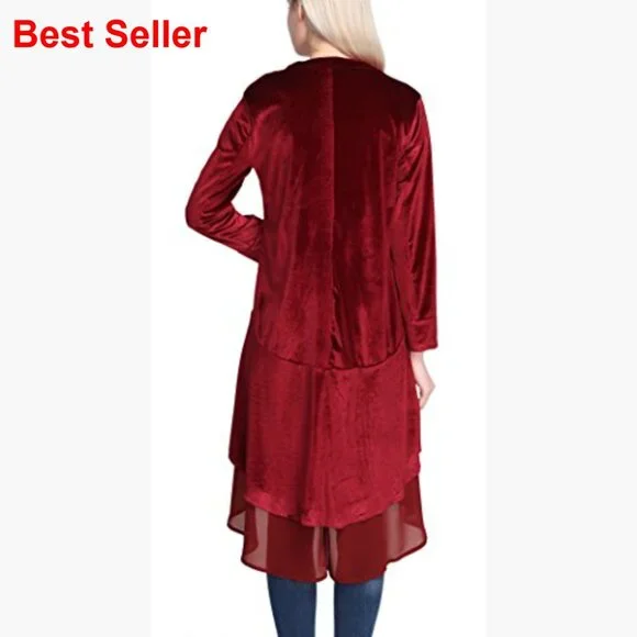 Long Sleeve Velvet Cardigan Coat with Asymmetric Chiffon Hem - Picture 5 of 6